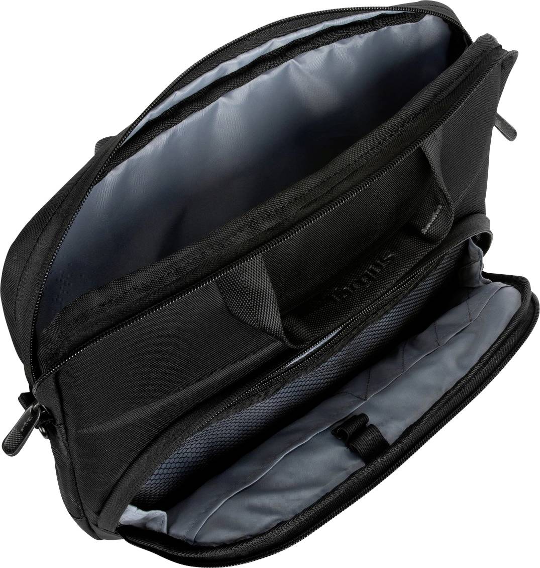 Zwarte laptoptas met meerdere vakken, geopend, toont binnenvoering. Ideaal voor veilig transport van apparaten.