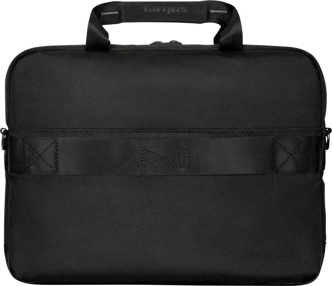 Een zwarte, rechthoekige tas met een handgreep bovenaan en een horizontale riem. Ideaal voor het vervoeren van laptops.