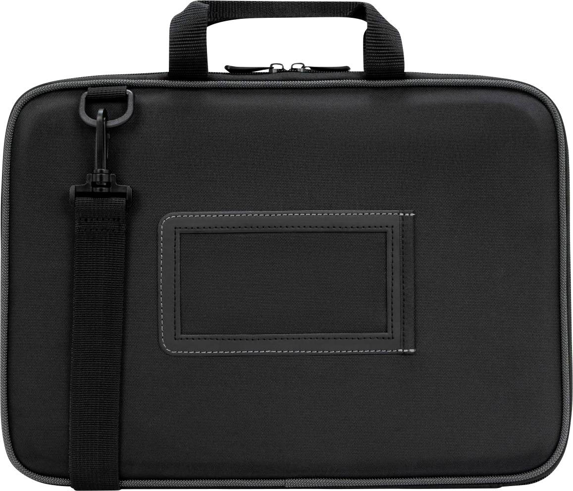 Een zwarte laptoptas met handgreep en schouderband, rechthoekige vorm. Hij heeft een vak met een venster aan de voorkant.