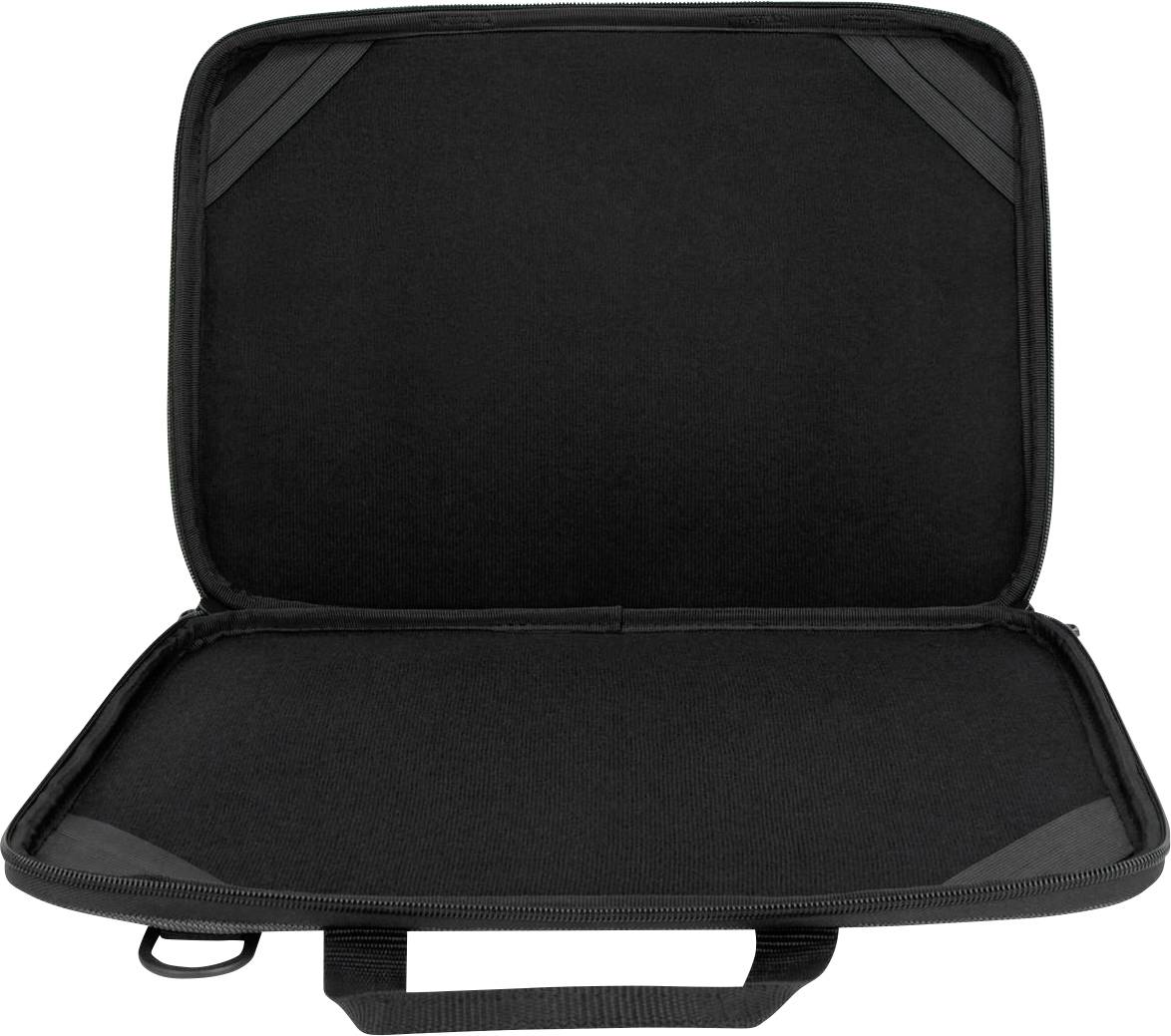 Zwarte laptoptas geopend, toont leeg binnenvak.