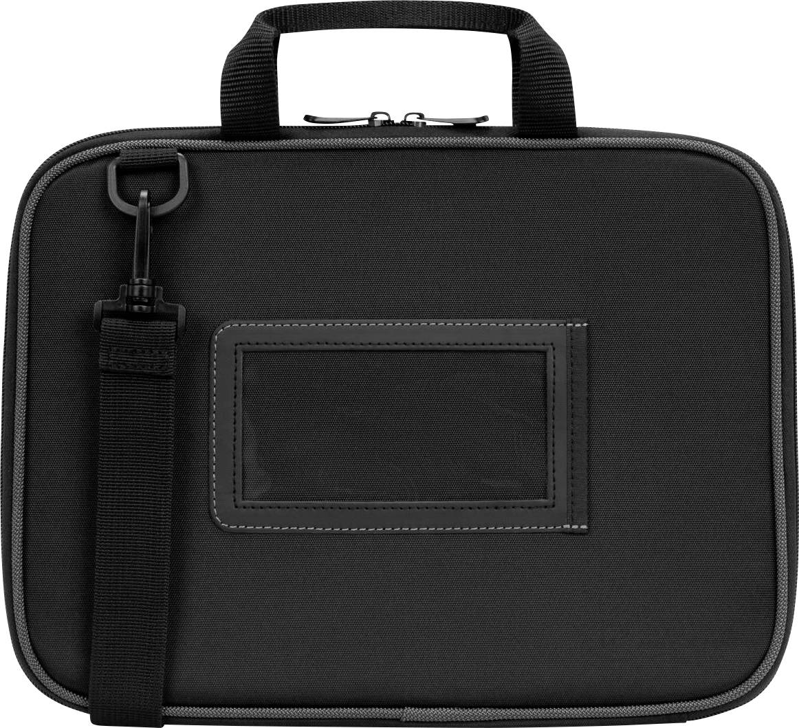 Een zwarte tas met handgreep en afneembare schouderband. Geschikt voor het vervoeren van apparaten of documenten.