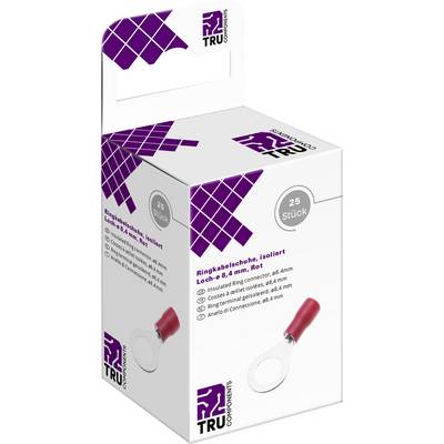 Verpakking met 'TRU Components' logo, bevat 25 geïsoleerde ringkabelschoenen, maat 8,4 mm, Rood. Productafbeelding op de voorkant.
