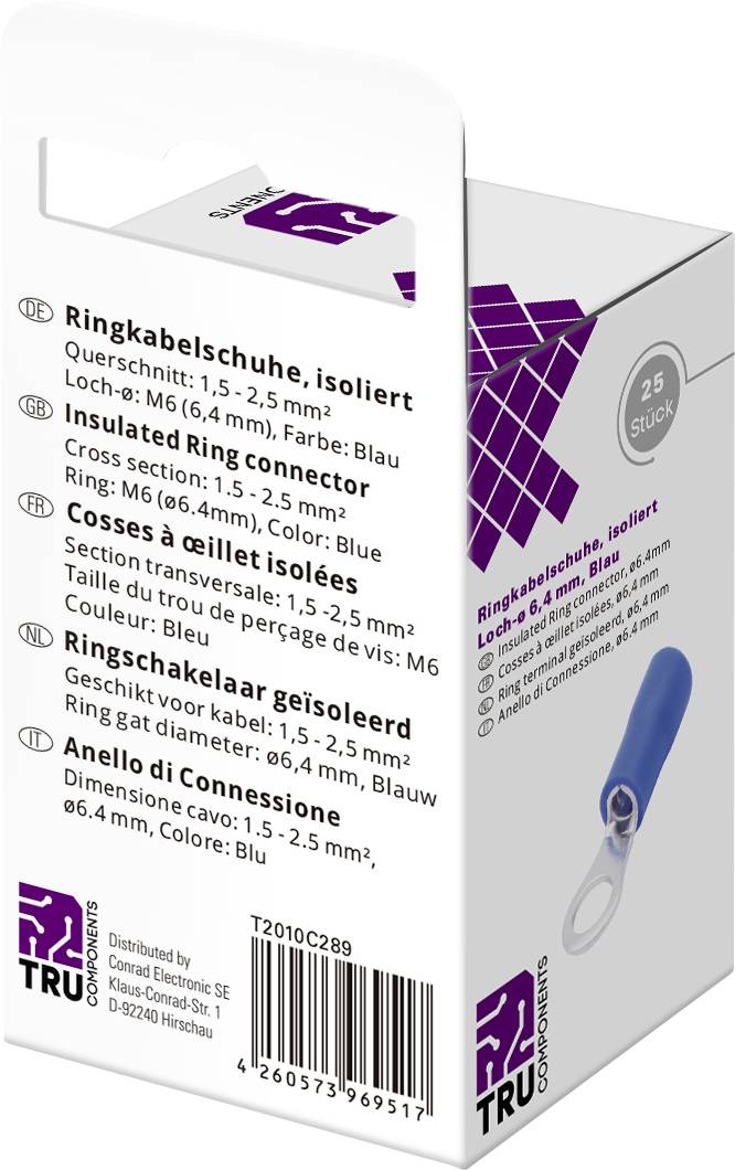 'Karton met 25 geïsoleerde ringkabelschoenen, doorsnede 1,5 - 2,5 mm², gat-Ø 6,4 mm, kleur: Blauw.'