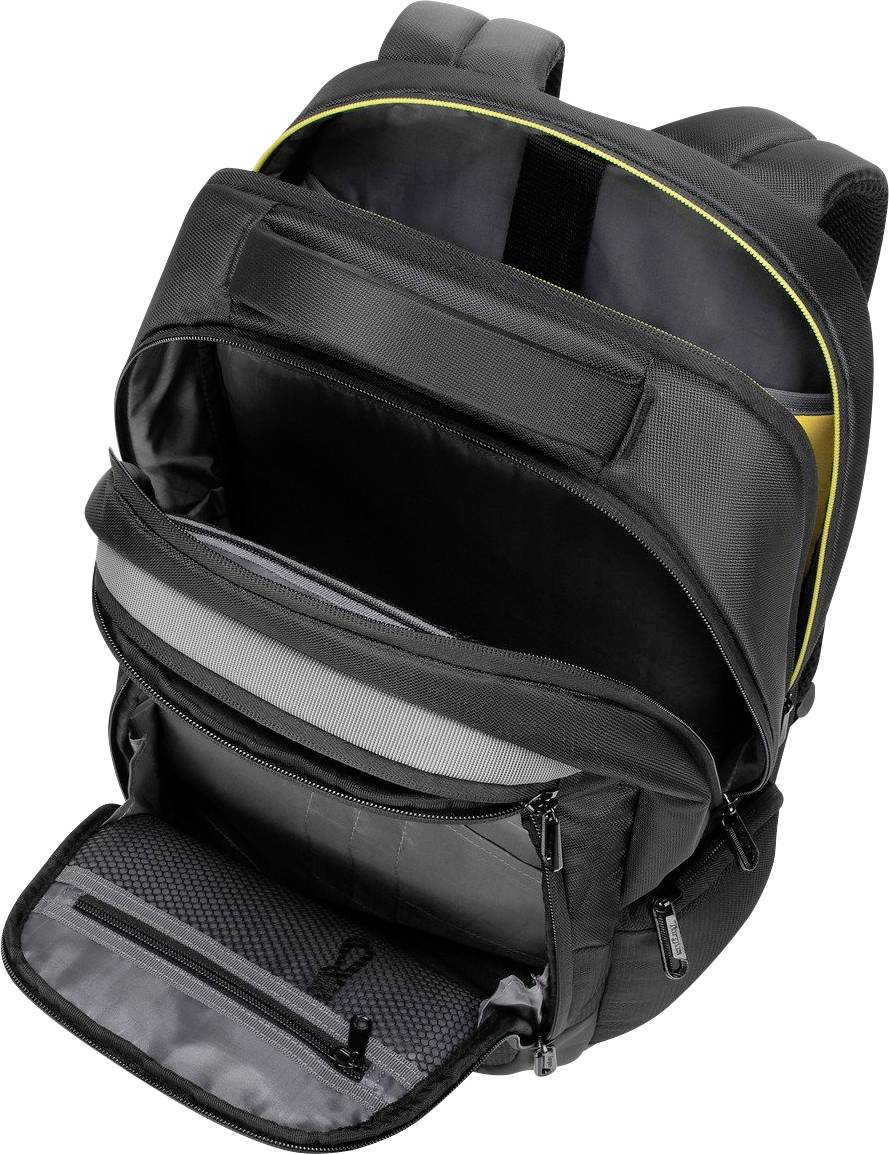 Een zwarte rugzak met meerdere geopende vakken, waaronder een laptopvak, een middenvak en kleinere buitenvakken.