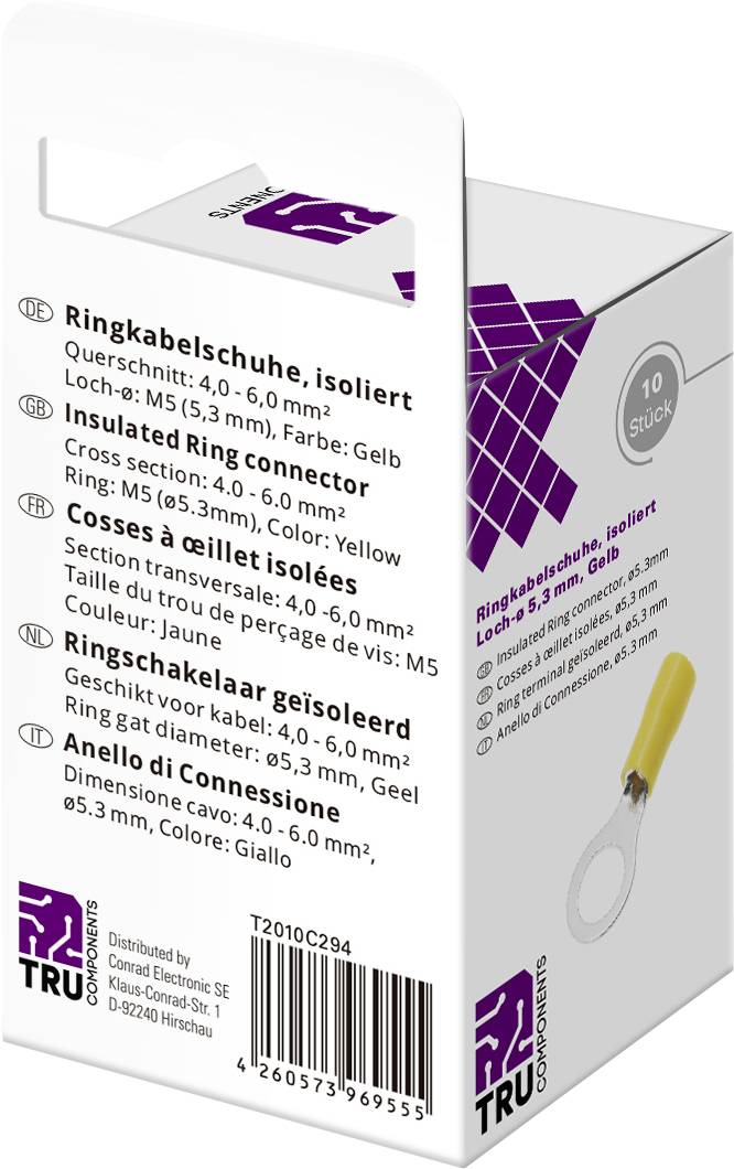 Verpakking van 10 geïsoleerde ringkabelschoenen, maatbereik 4,0-6,0 mm², gat diameter M5, gele kleur.
