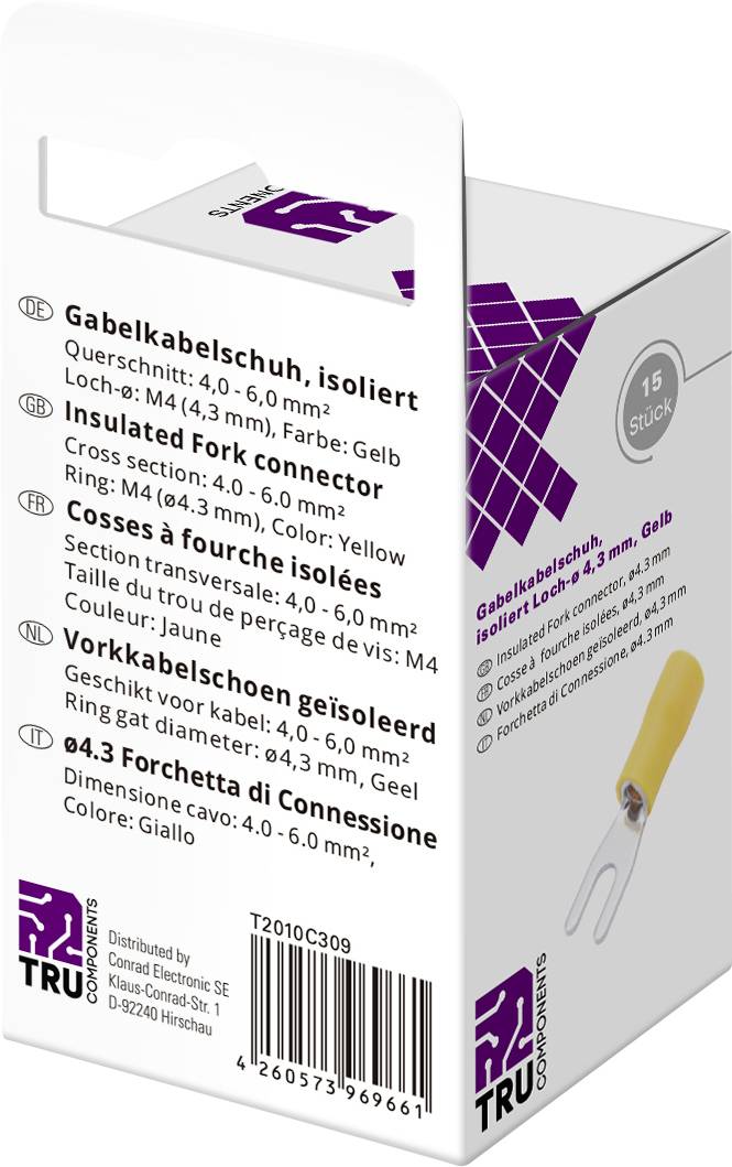 TRU COMPONENTS T2010C309 Vorkkabelschoen 4.0 mm² 6.0 mm² Schachtdiameter=4.3 mm Deels geïsoleerd Geel 15 stuk(s)-1
