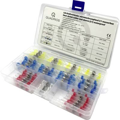 Doos met gesorteerde soldeerverbinders in verschillende kleuren en maten. Etikettering geeft informatie over specificaties en fabrikant.