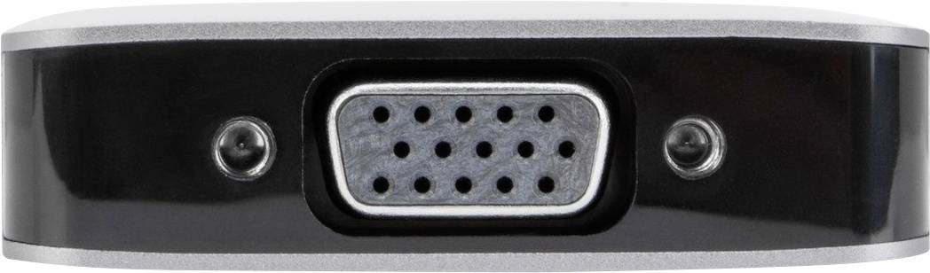 Een VGA-aansluiting op een elektronisch apparaat, omgeven door een zwarte behuizing.