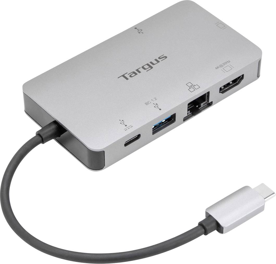 Een zilveren Targus multipoort-dockingstation met aansluitingen voor USB-C, USB-A, HDMI, Ethernet en microSD-kaart.