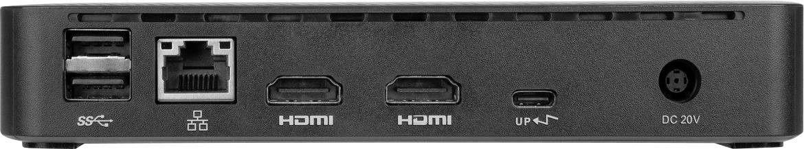De achterkant van een apparaat met aansluitingen: twee keer USB, een Ethernet-aansluiting, twee HDMI-aansluitingen, een USB-C-aansluiting en een DC-voedingsaansluiting.