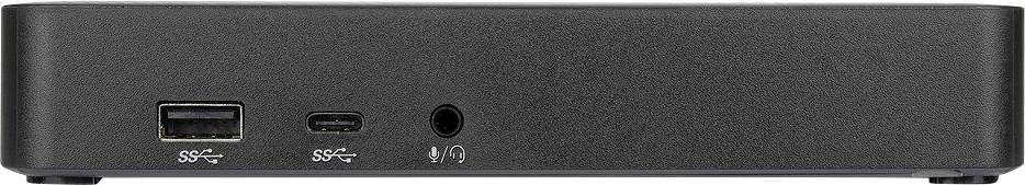 Zwart elektronisch apparaat met USB-poorten en een koptelefoonaansluiting aan de voorkant.