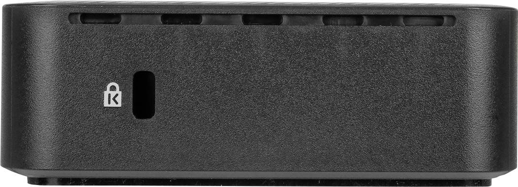 Zwarte mini-pc-behuizing voorzijde met Kensington-slot-symbool en ventilatiesleuven, geschikt voor kantooromgevingen.