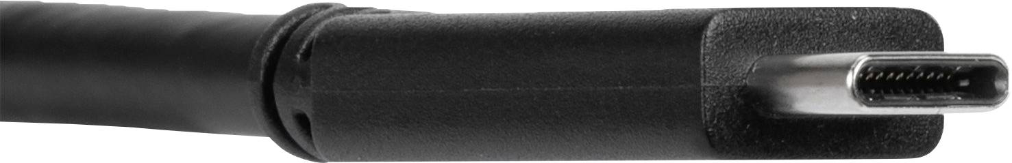 Close-up van een zwarte USB-C-stekker, compatibel met moderne apparaten en gebruikt voor snelle gegevensoverdracht.
