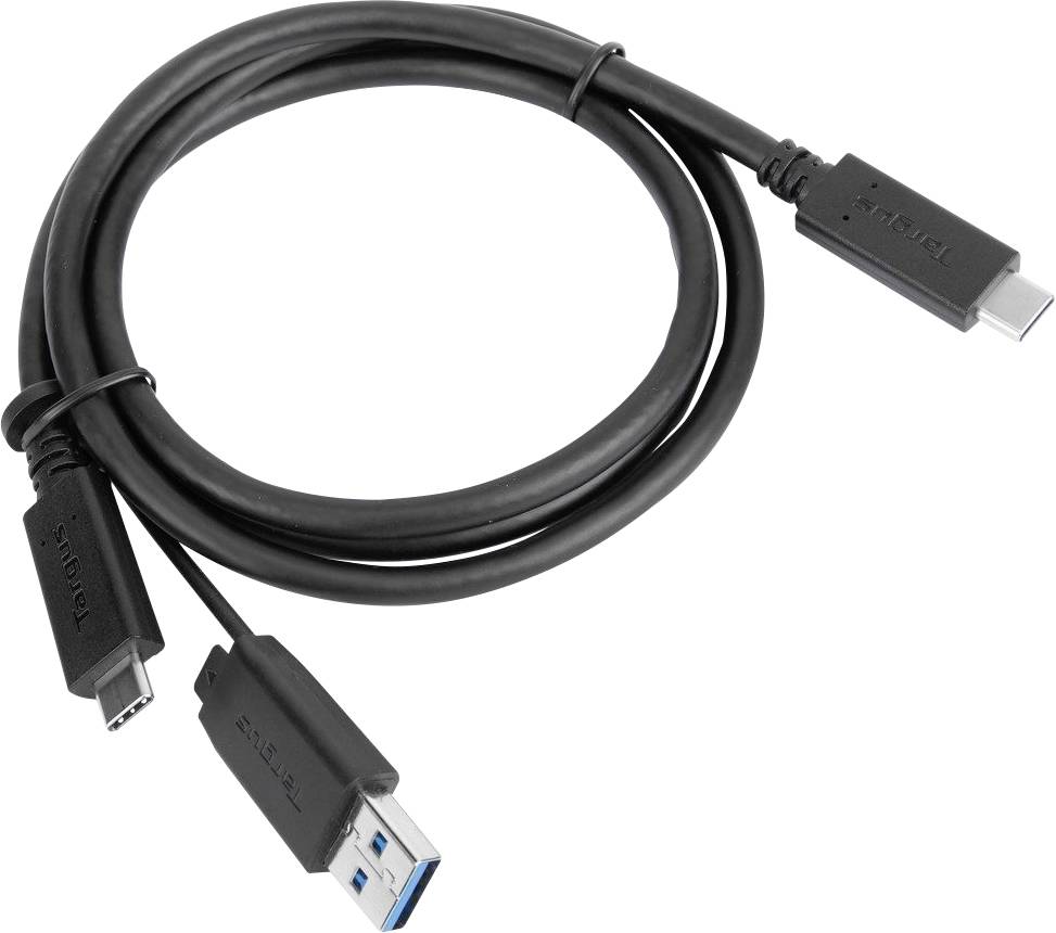 Een zwart USB-kabel met een USB-C-connector aan de ene kant en een USB-A-connector aan de andere kant.