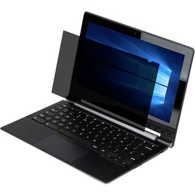 Een laptop met een opengevouwen scherm toont het bureaublad van een besturingssysteem. Het scherm heeft een privacyfilter dat de zichtbaarheid beperkt.