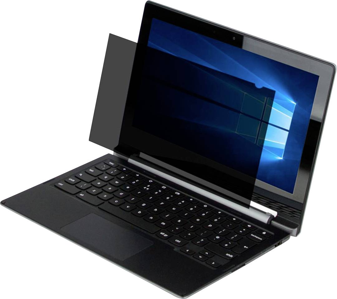 Een laptop op een tafel met een ingeschakeld scherm dat het Windows-bureaublad weergeeft, voorzien van een privacyfilter dat het zicht beperkt.