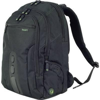 Zwarte rugzak met meerdere ritsvakken, groene accenten en verstelbare schouderbanden, geschikt voor laptops.