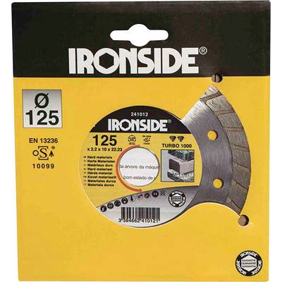 Verpakking met metalen schijf van 'Ironside', 125 mm diameter, geschikt voor harde materialen. CE-markering EN 13236.