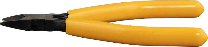 Zijkniptang met gele handgrepen op een witte achtergrond. Voornamelijk gebruikt voor het knippen van draad of dunne materialen.