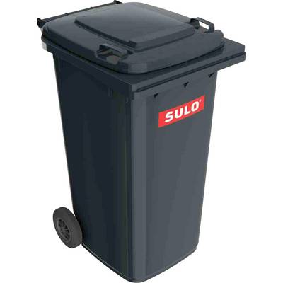 Een donkergrijze vuilcontainer op wielen met een rood 'SULO'-logo aan de voorkant.