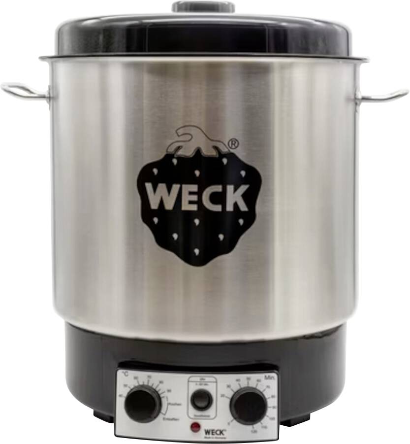 Een grote roestvrijstalen conservenpan met een zwart deksel, voorzien van het WECK-logo. Hij heeft een temperatuurregelingsdraaiknop onderaan.
