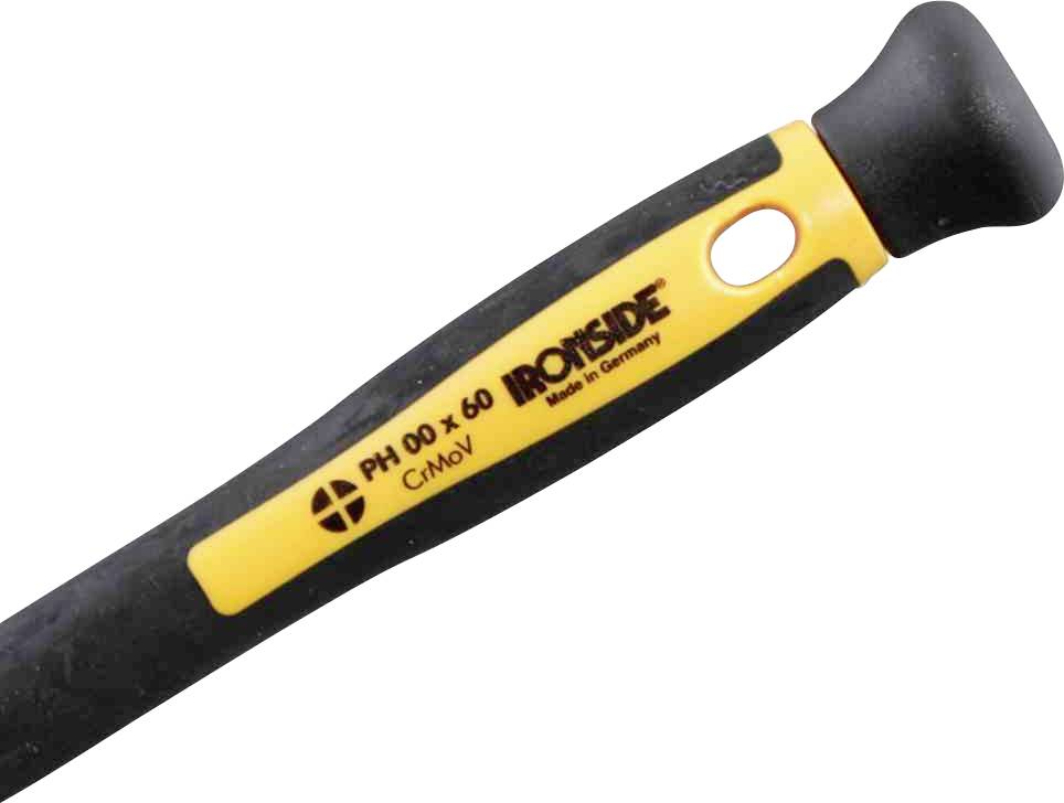 'Zwarte en gele schroevendraaier met opschrift: PH 00 x 60, CrMoV, IRONSIDE, Made in Germany'