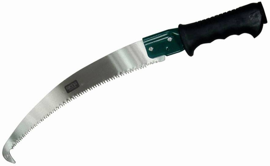 Handzaag met gebogen zaagblad en zwarte handgreep, gebruikt voor het snoeien van takken en bomen.
