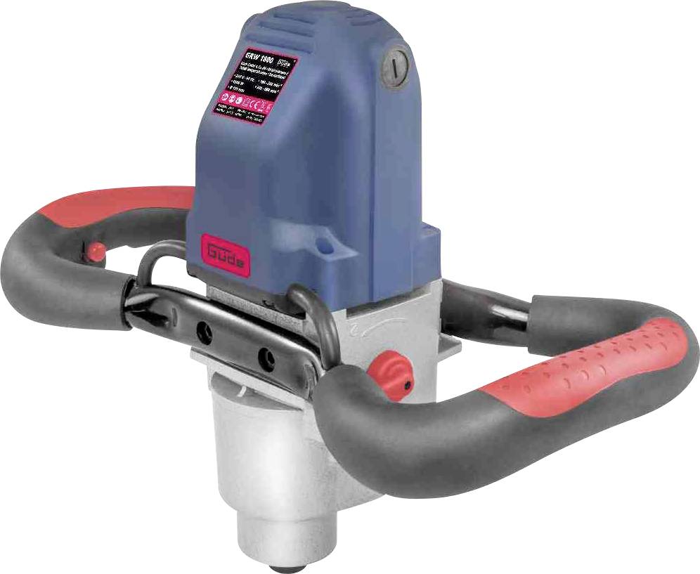 Elektrische betonmixer met een blauwe behuizing en rode handgrepen. Voornamelijk gebruikt voor het mengen van bouwmaterialen.