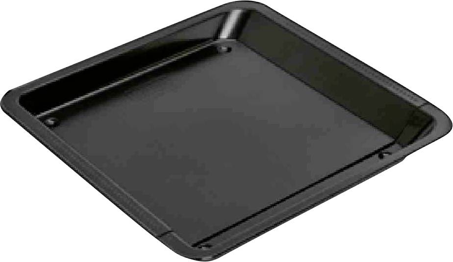 Zwart rechthoekig bakblik met licht schuine randen, geschikt voor gebruik in de oven.