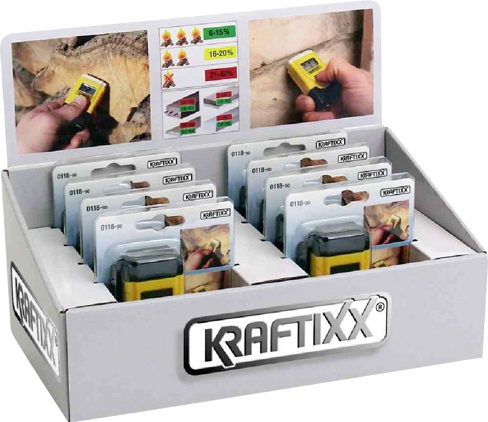 Verpakking met elektronische vochtmetingsapparatuur van 'Kraftxx', geschikt voor hout. Toont toepassingen en meetbereiken 6-15% en 16-20%.