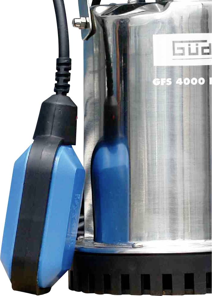 Afbeelding van een waterpomp met een blauwe vlotterschakelaar, merk zichtbaar.