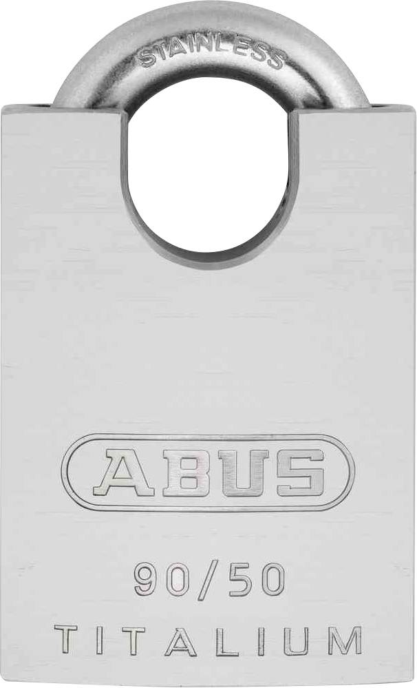 Metalen slot met opschrift 'ABUS 90/50 TITALIUM'. Bovenste deel is een RVS-beugel.