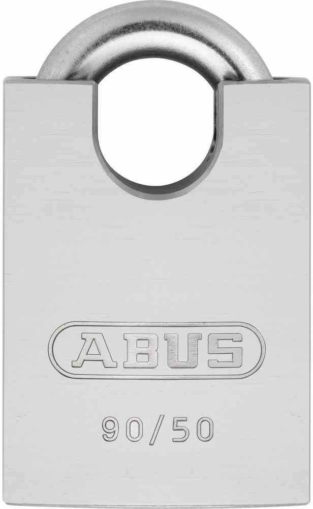 Een zilverkleurig hangslot met gegraveerd 'ABUS'-logo, modelnummer '90/50'. Het slot heeft een gebogen beugel bovenaan.