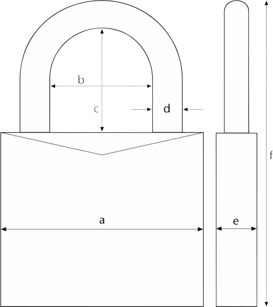 Illustratie van een hangslot met letters a-f die de afmetingen van verschillende onderdelen van het slot aangeven.