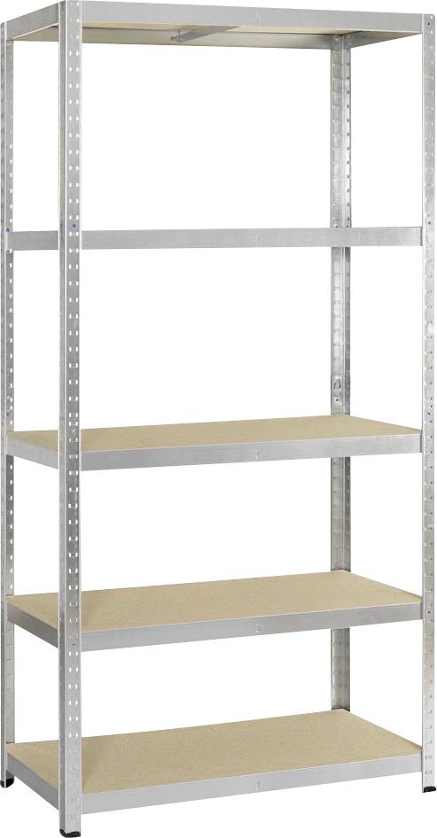 Een leeg, hoog rek van metaal met vijf houten planken. Het staat vrij in de ruimte en wordt gebruikt voor opslag.