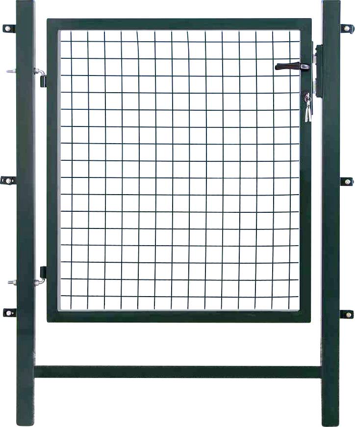 Metalen deur met rooster, zwart frame, geschikt voor tuin- of beveiligingsingang. Strak ontwerp zonder decoratie.