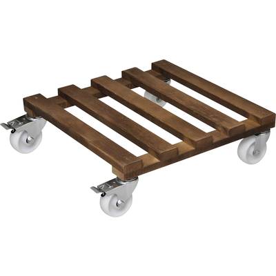 Een houten plantenroller met vier draaibare wielen, ideaal voor het gemakkelijk verplaatsen van zware planten of potten binnen en buiten.