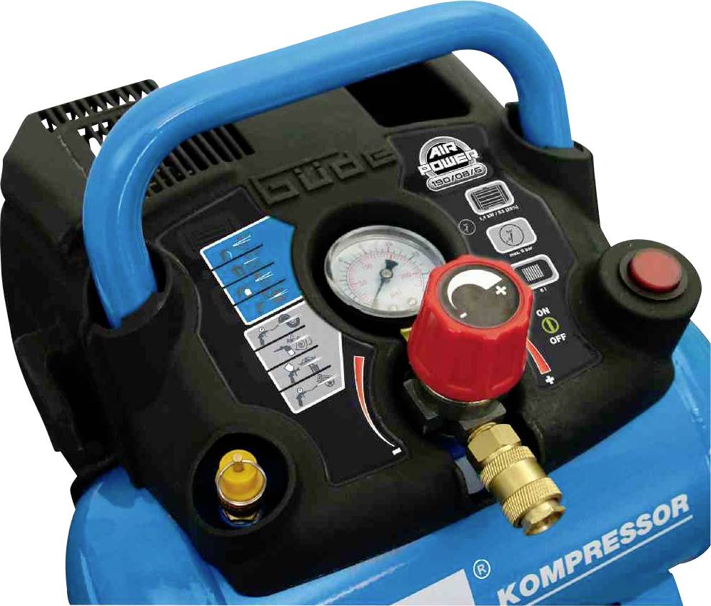 Draagbare compressor met een blauwe behuizing, manometer en regelknop. Bovenaan bevindt zich een rode aan/uit-knop.
