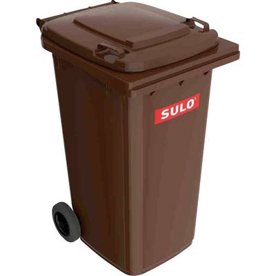 Bruine vuilcontainer met deksel en wielen, gemarkeerd met een rood 'SULO'-logo, is bestemd voor de afvoer van organisch afval.