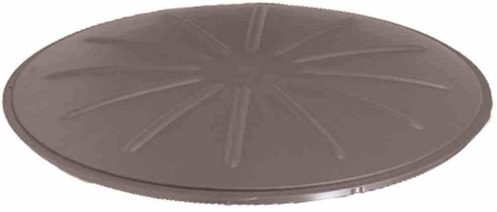 Een ronde bruine deksel met verhoogd stralingspatroon, geschikt voor het afdekken of afsluiten van containers.