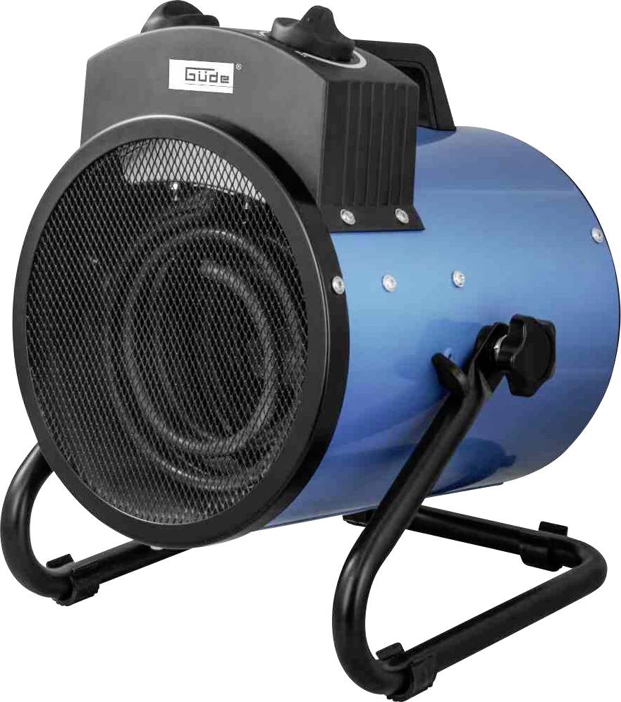 Een blauwe elektrische verwarmingsventilator met een rond behuizing en een zwart beschermrooster staat op een standaard.