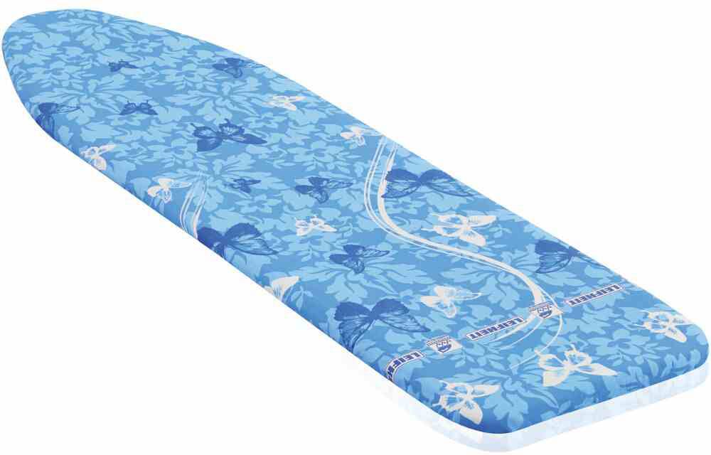 Een blauw strijkplank met een bloemenpatroon.