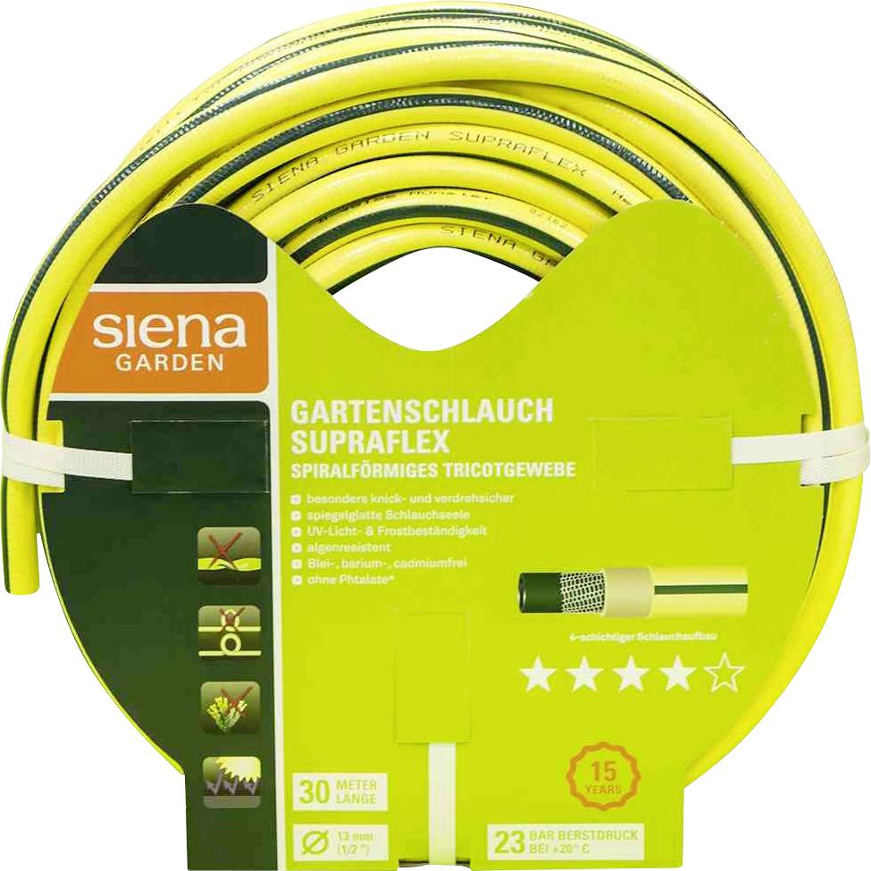 Gele tuinslang 'Supraflex' van Siena Garden, 30 meter lang, 23 bar druk. UV- en vorstbestendig, met 15 jaar garantie.