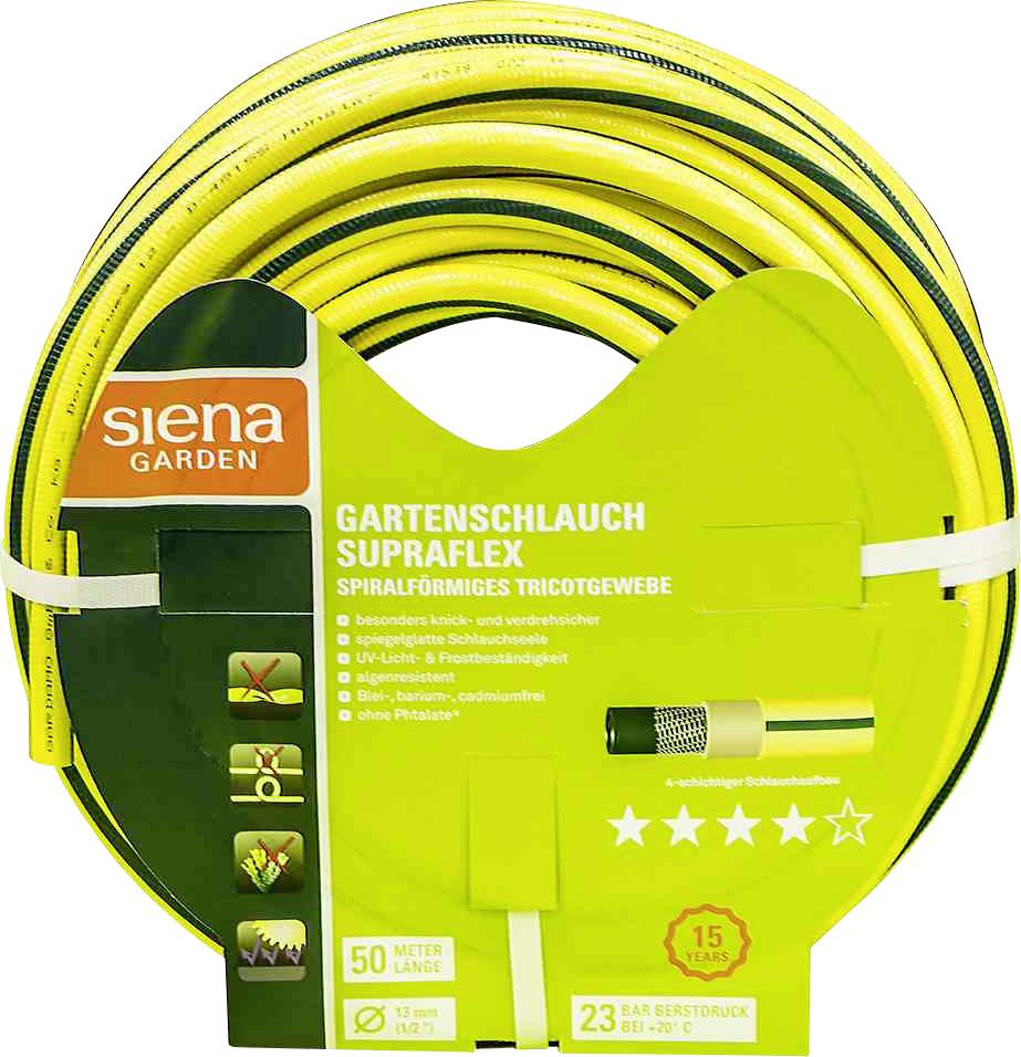 'Tuinslang SupraFlex' van Siena Garden, 50 meter lang, 23 bar drukvast, groene verpakking met productinformatie.
