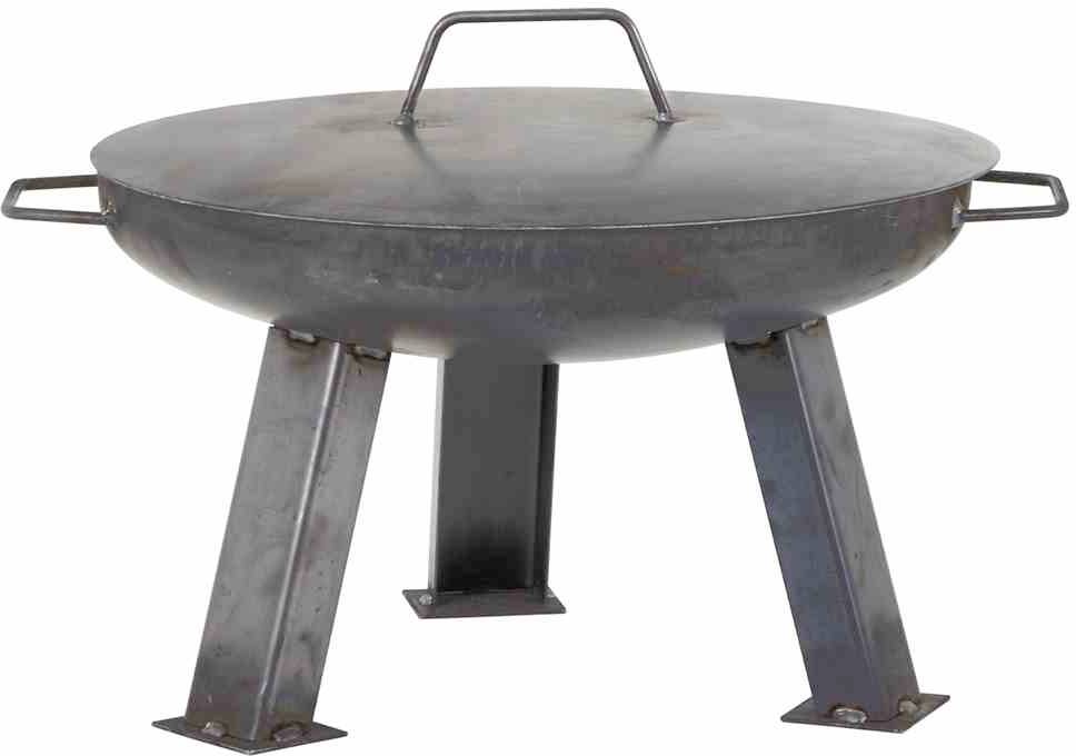 Metalen vuurplaats met drie robuuste poten en een afneembare, platte deksel met handgreep, geschikt voor gebruik in de buitenlucht.