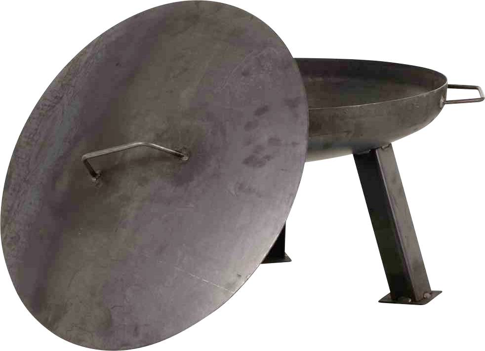 Vuurschaal van metaal met afneembaar deksel en stevige poten, geschikt voor het barbecueën of voor kampvuren in de buitenlucht.