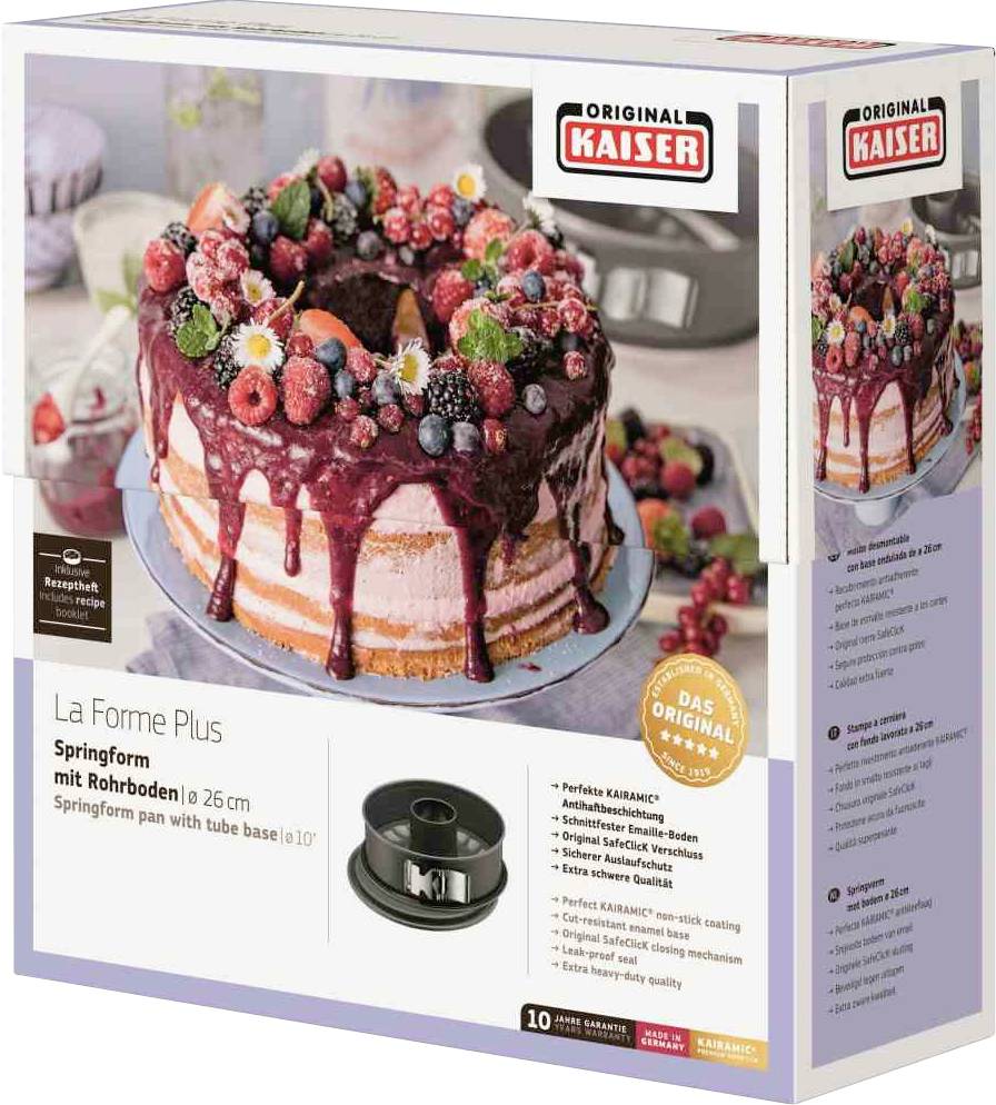 'Original Kaiser' bakblik-verpakking met afbeelding van een bessenvlaai. Bevat informatie over de grootte en eigenschappen van de bakvorm.