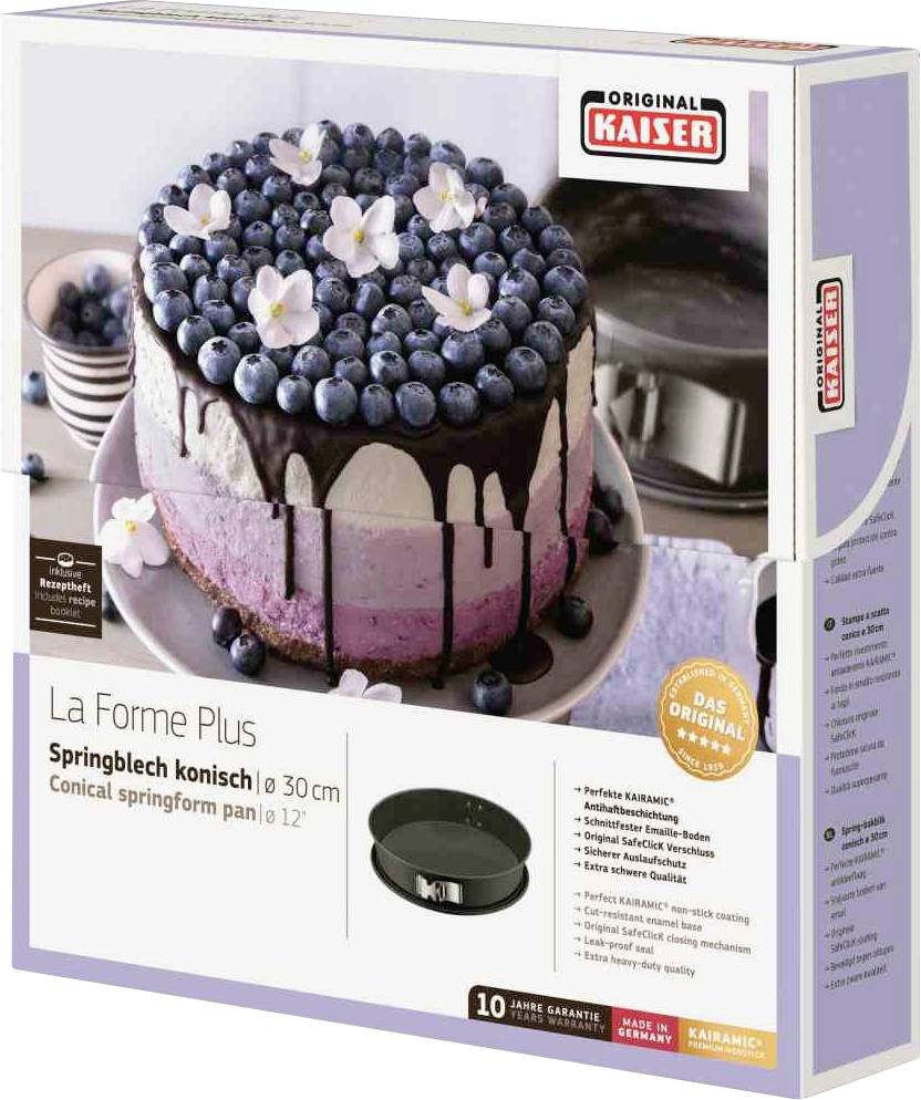 Verpakking van een Kaiser Springform La Forme Plus. Toont een decoratieve gelaagde taart met chocoladeglazuur en bosbessen. Afmeting: 30 cm.