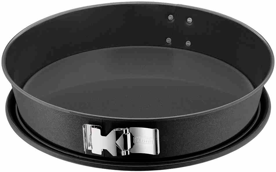 Zwarte ronde springvorm met metalen sluiting. Ideaal voor het bakken van taarten en gebak. Voorzien van een losse bodem.