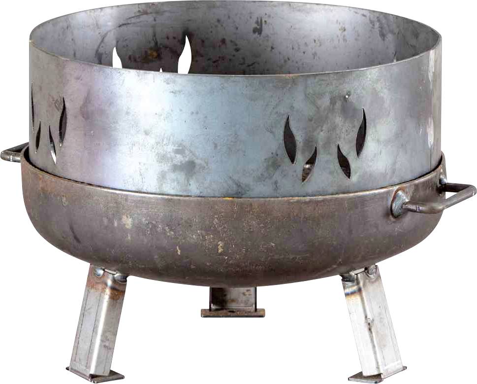 Een cirkelvormige, metalen vuurkorf op drie poten, met greepachtige voorzieningen aan de zijkanten en een geperforeerde sierlijst.